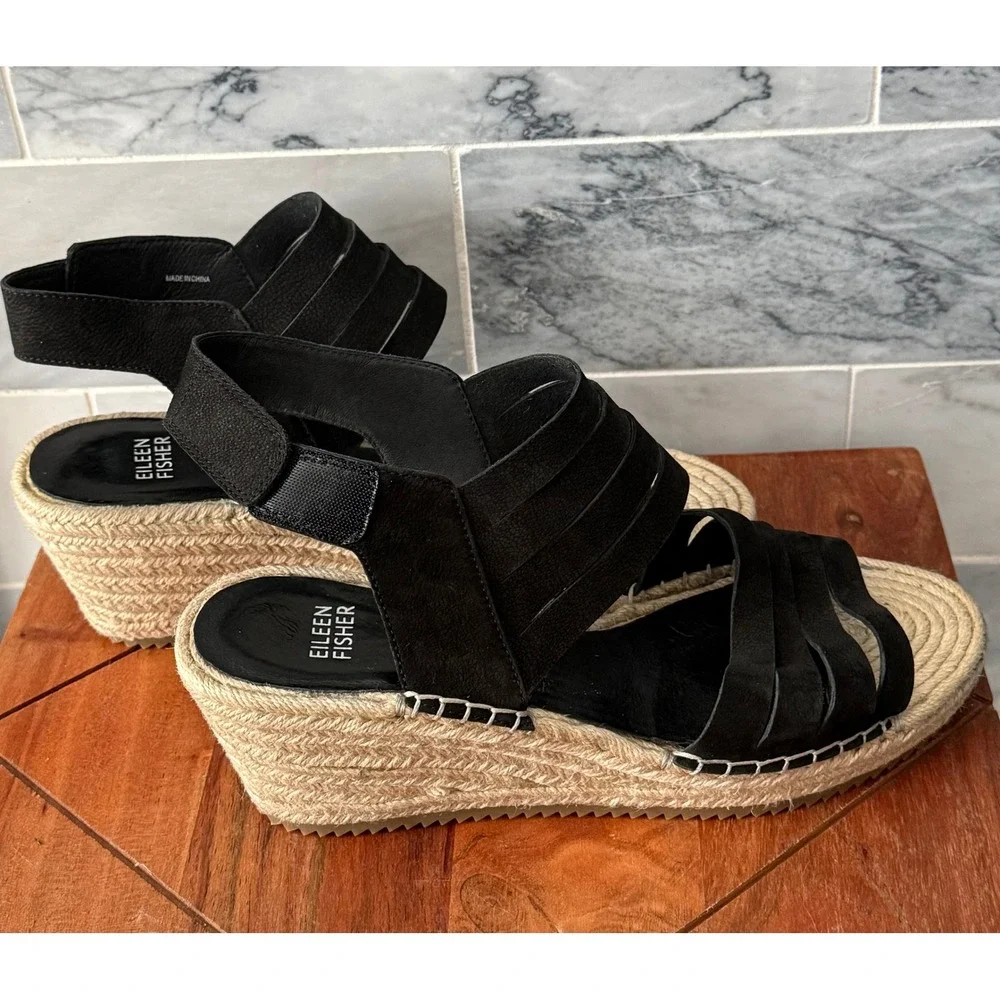 Eileen Fisher Largo Espadrille Black Wedge Sandals Multi Strap Platform Size 9.5